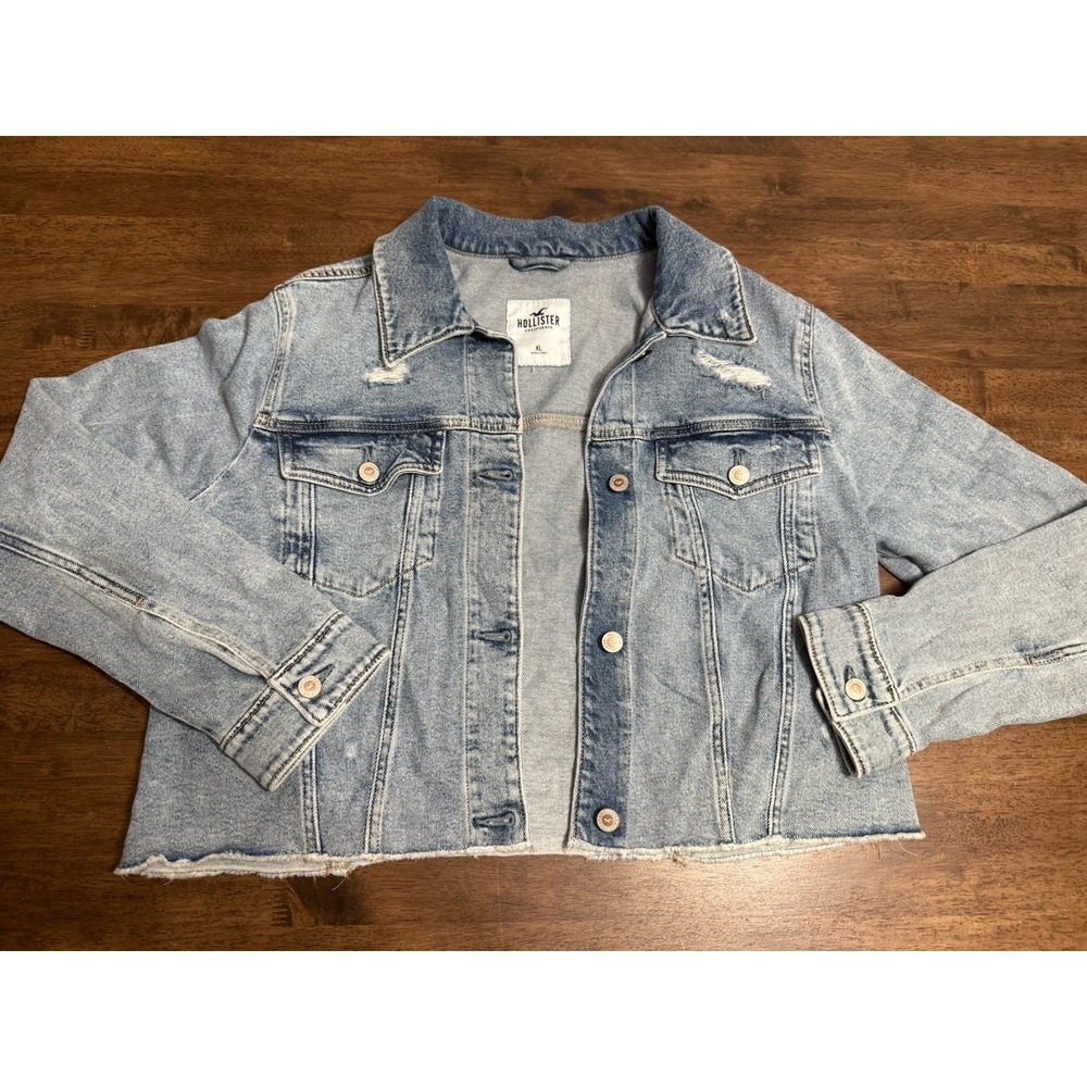 Hollister Women XL Cropped Denim Jean‎ Jacket Distressed Blue Frayed Hem